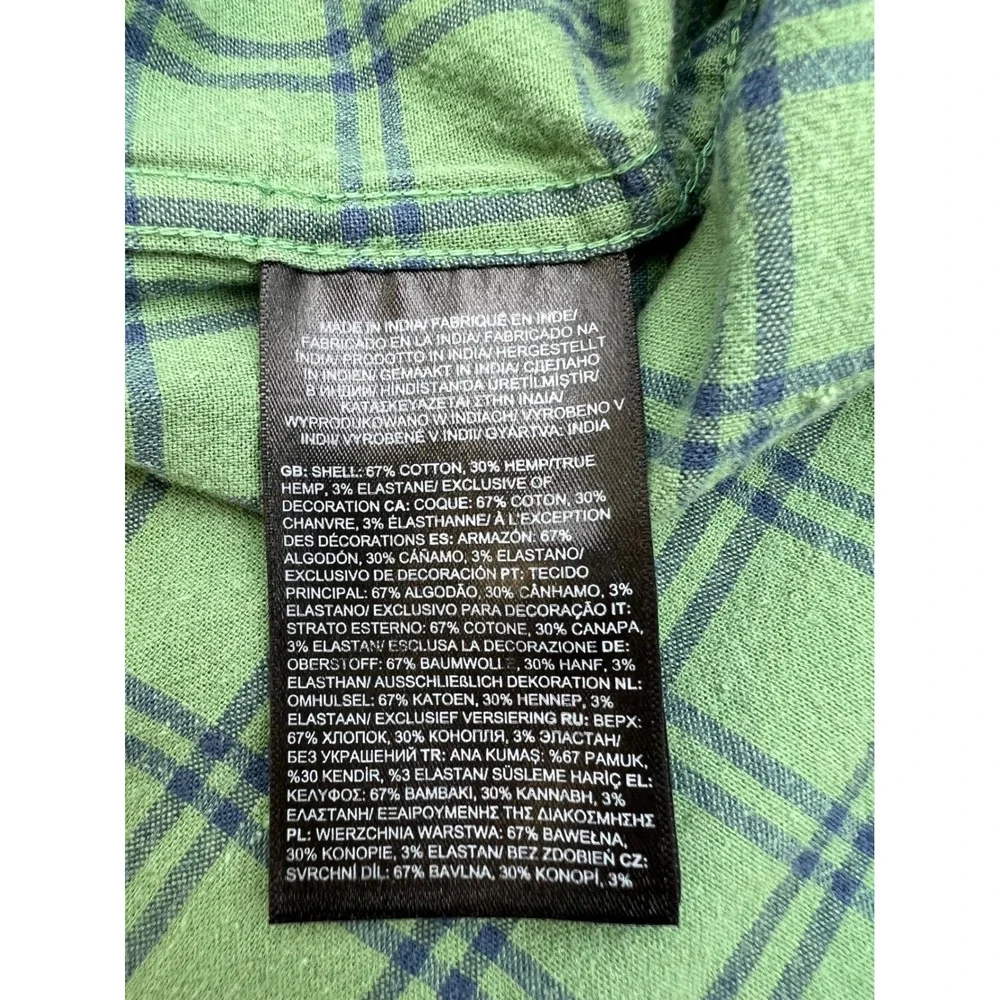THE NORTH FACE Button Down Shirt Mens Large‎ Green Plaid Hemp Blend Short Sleeve